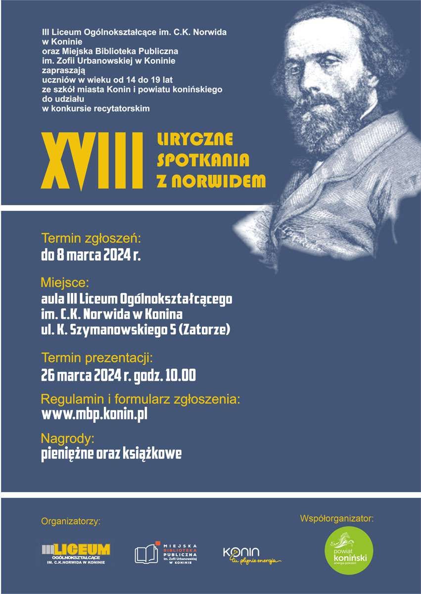 Plakat informujący o konkursie recytatorskim "Liryczne Spotkania z Norwidem". Projekt: Aleksandra Jurgielewicz