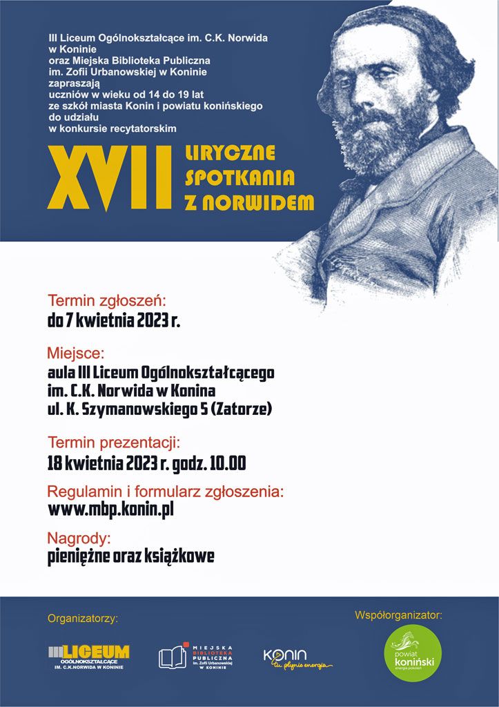 Plakat z zaproszeniem do udziału w XVII Lirycznych Spotkaniach z Norwidem 2023. Projekt Aleksandra Jurgielewicz.